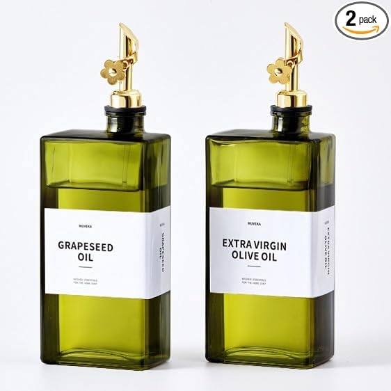Olive Oil Dispenser Bottle for Kitchen, 16.9oz /500ml Cooking Vinegar Dispenser Bottle Set, Glass Sauce Container, Labels, Brush, Funnel, Stoppers, Green for Oil, Wine