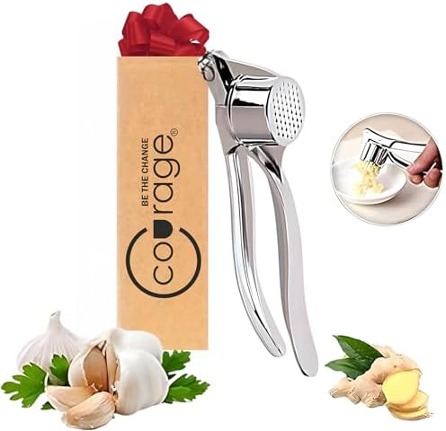 Courage Premium Stainless Steel Garlic Press Crusher | Heavy Duty Garlic Mincer & Ginger Crusher | Ergonomic Manual Garlic Presser | Rustproof Easy Clean Kitchen Tool for Garlic & Ginger.