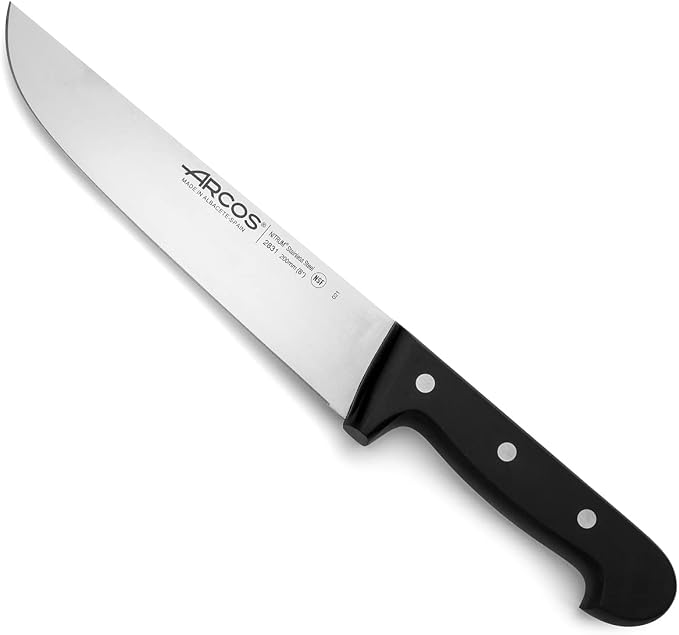 Arcos Butcher Knife 8 Inch Nitrum Stainless Steel and 200 mm blade. Professional Cooking Knife For Cutting Meat, Fish and Vegetables. Ergonomic Polyoxymethylene Handle. Series Universal. Color Black.