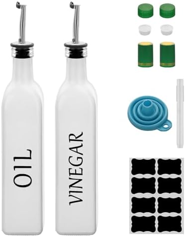 Olive Oil Dispenser Bottle,2 Pcs 17oz 500ml Glass O il and Vinegar Dispenser Set with 2 Stainless Steel Pourers, 8 Labels,Funnel Vinegar Bottles for Kitchen (White)