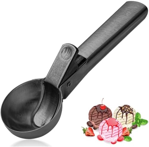 Ice Cream Scoop,Portable Stainless Steel Ice Cream Scoop with Trigger and Comfortable Handle,Icecream Scoop Spoon Perfect for DIY Ice Cream,Fruit,Cookie (black)