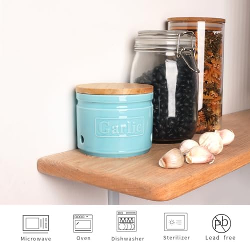 ONTUBE Ceramic Garlic Keeper with Wooden Lid 4-Inch,Garlic Holder (Turquoise)