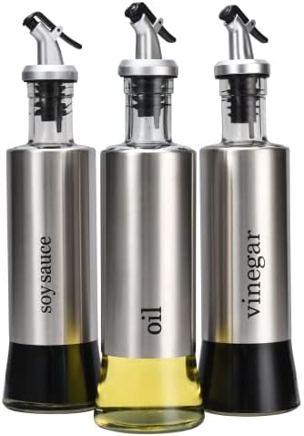 Bruntmor Kitchen Oil Dispenser - Olive Oils Dispenser Spout - Stainless Steel Cooking Oils Container Spout - Glass Oil Decanter, Pourer, Cruet - Kitchen Liquid Dispenser Bottle for Vinegar, Sesame