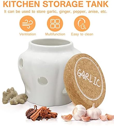 Large Garlic Keeper Vented Ceramic Storage Container. White Stoneware with Nature Cork Lid - L Size