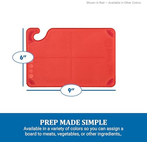 San Jamar Saf-T-Grip Plastic Cutting Board with Safety Hook, 6" x 9" x 0.375", Red