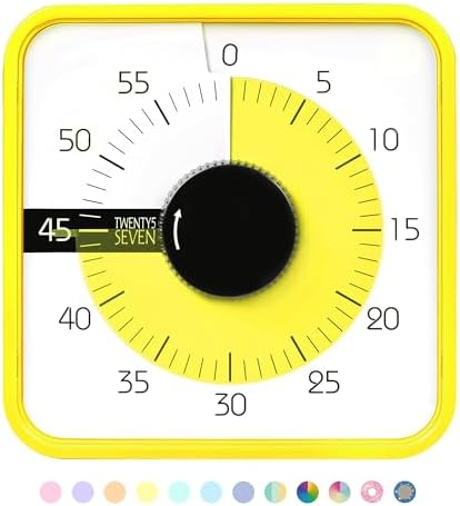 TWENTY5 SEVEN Countdown Timer 7.5 inch; 60 Minute 1 Hour Visual Timer – Classroom Teaching Tool Office Meeting, Mechanical Countdown Clock for Kids Exam Time Management Magnetic, Yellow