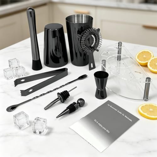 9-Piece Cocktail Shaker with Stand, 25oz Bartender Kit, Cocktail Shaker with Strainer Set, Boston Shaker Set, Bar Set Jigger for Bartending Drink Mixer Set, Cocktail Set Recipes (Black-25/20oz)