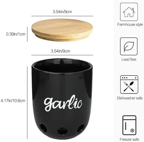 Ceramic Garlic Keeper for Counter with Wood Lid (Black)