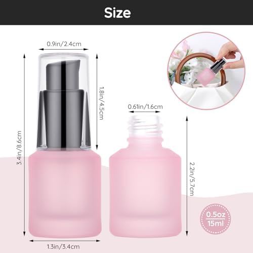 Segbeauty 0.5oz Frosted Glass Lotion Bottle Empty, 3pcs Travel Lotion Container, 15ml Refillable Glass Travel Bottles for Toiletries, Hair Oil Bottles, Mini Size Skincare Cream Pump Bottle Mixed Color