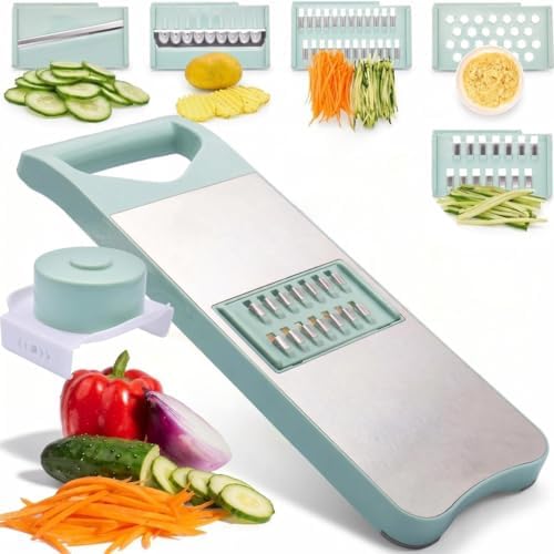 NACOLUS 5 In 1 Mandoline Slicer with Slide-On Hand Guard - Vegetable Slicer, Carrot Shredder,Safe Potato/Garlic Slicer Vegetable Cutter, Waffle Fry Cutter (Green, 5-in-1)