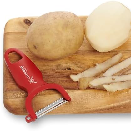 CatCora Swiss-Style Peeler, Professional German Tempered Stainless Steel Blade For Peeling Fruits and Vegetables and Garnishing, Ergonomic Contoured Handle, Red, Set of 2
