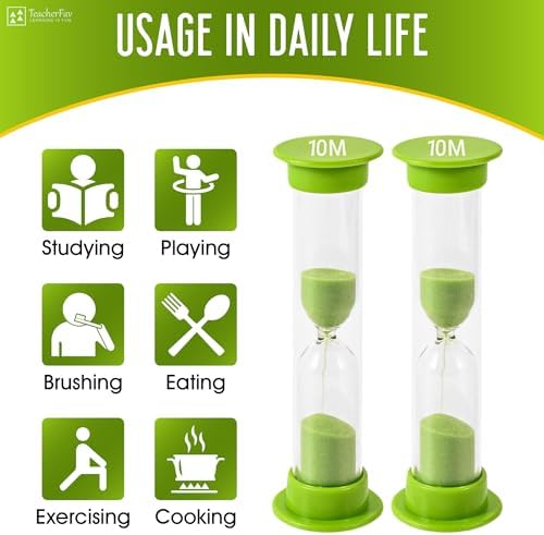 Sand Timer for Kids - 10 Minute Set of 4 Hour Glass - Green Color- Acrylic Covered for Classroom, Home & Kids Room
