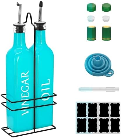 Farmhouse Oil and Vinegar Dispenser Set, 17 oz, beautiful olive oil dispenser, includes a black steel rack and a funnel, vintage cruets for vinegar and oil (Turquoise)