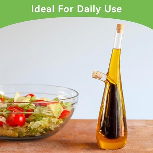 Lily's Home Glass Olive Oil and Vinegar Dispenser Bottle, for Kitchen Counter Cooking Salad, Dressing Leakproof 2 in 1 Cruet Containers (15 Ounces & 10 Ounces)