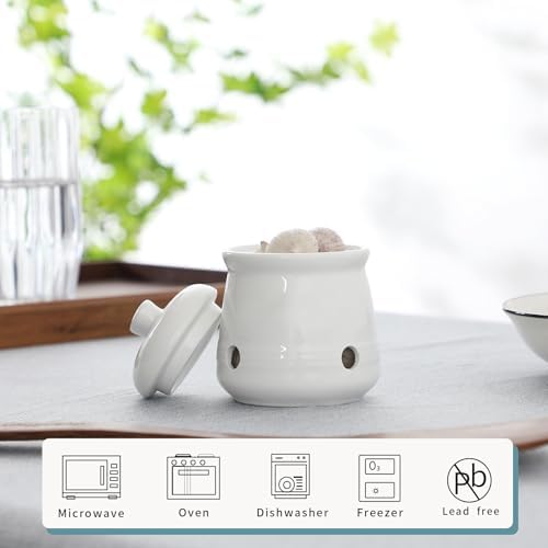 Ceramic Garlic Keeper with Lid, Mini Garlic Saver Container for Countertop, Kitchen Decor (White)