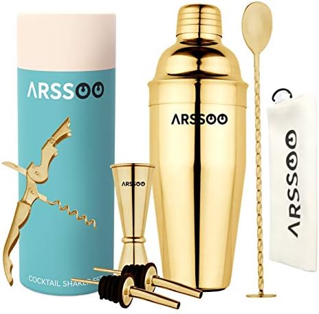 Cocktail Shaker Set: 7-Piece Stainless Steel 25.3OZ Martini Shaker Mixology Bartender Kit | Perfect Home Professional Bar Tools for Beginner's Drink Mixing & Gifts | ARSSOO Drink Shaker Gift (Gold)