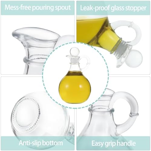 Oil and Vinegar Cruet Set of 2, Glass Oil and Vinegar Dispenser with Airtight Stopper, Glass Condiment Container for Homemade Oil, Salad Dressing