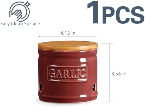 ONEMORE Garlic Keeper with Lid, Ceramic Garlic Saver 4 inch, Dark Red