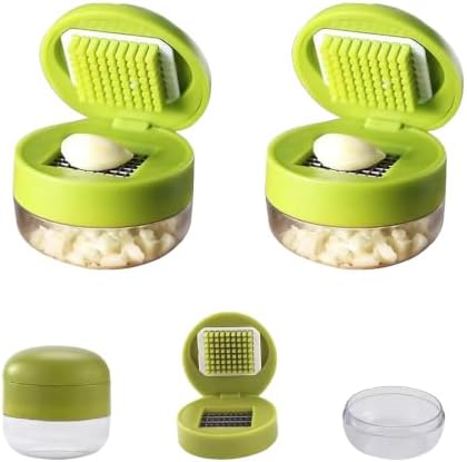 Mini Manual Garlic Twister and Crusher, Handheld Mini Garlic Chopper and Press with Container, Garlic Chopper Dicer Slicer with Stainless Steel Blades，2