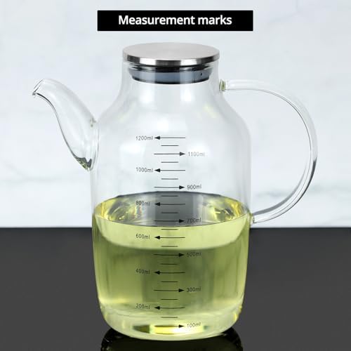 QWORK 1200ML/40Oz Large Glass Cooking Oil Bottle with Stainless Steel Lid, Oil & Vinegar Dispenser Bottle for Olive Oil, Vinegar, Soy Sauce, Kitchen No Drip Liquid Container