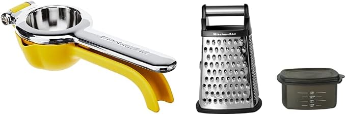 KitchenAid No Mess Citrus Squeezer, One size, Lemon & Gourmet 4-Sided Stainless Steel Box Grater with Detachable Storage Container, 10 inches tall, Black