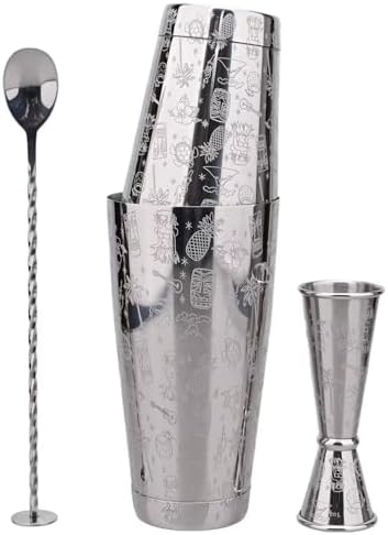Boston Cocktail Shaker Etched Set, Jigger Spoon 17/24oz Sliver