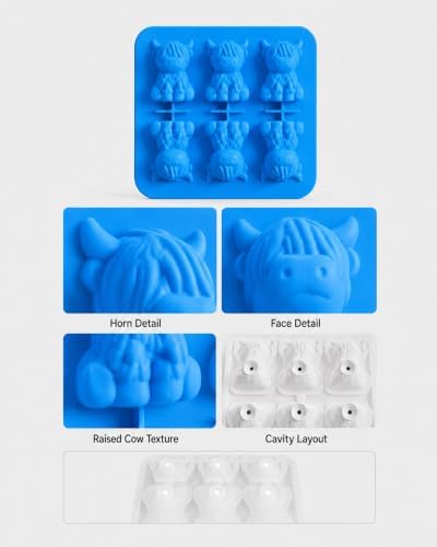 Highland Cow Ice Cube Mold, 3D Two-Part 6-Cavity Mold, 6.3-Inch