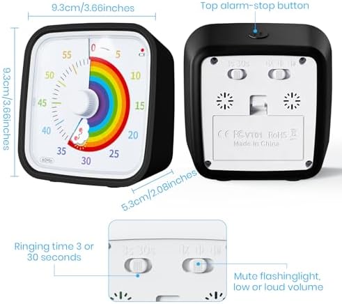 Yunbaoit Rainbow Visual Timer for Kids, 60-min Countdown Timer, Black