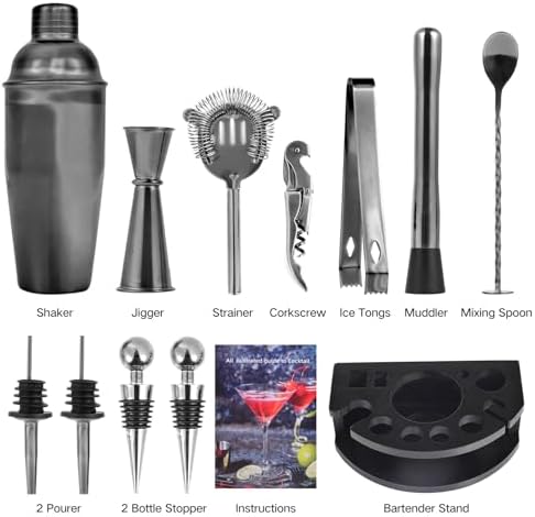 Safring Bartender Kit with Stand, 12-Piece Bar Set | 24oz Cocktail Shaker Set for Drink Mixing, Martini Shaker Set with Bar Tools, Recipes Booklet | Fun Housewarming Gift (Black)