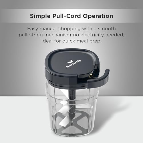 Butterfly 3.8 Cups Premium Plastic Manual Food Chopper, Hand Pull String Onion Vegetable Mincer Dishwasher Safe, 900ml, Blue