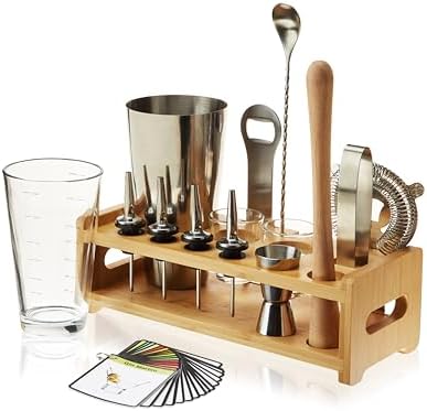 True 14-Piece Barware Set with Wood Stand for Mixing Cocktails and Drinks, Perfect Home Bar Accessories, Mixology Bartender Kit, Bartending Supplies