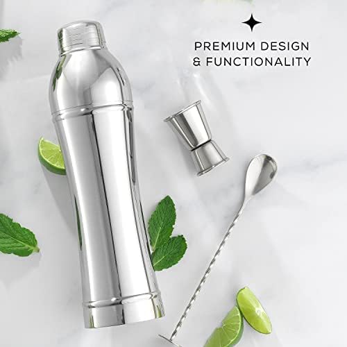 JoyJolt 3pc Slim Cocktail Shaker Set. 24 oz Margarita Martini Shaker Drink Mixer & Cocktail Strainer Lid, Double Jigger, Long Bar Spoon. Mixology Bartender Kit Shakers, Bar Tools for Home Bartending
