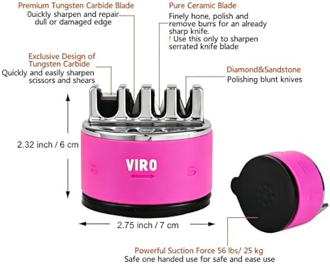 VIRO Compact Suction Kitchen Chef Knife Scissors Sharpener for Straight & Serrated Knives, 4-Stage Knife Sharpening Tool Helps Repair and Restore Blades, Rose Pink