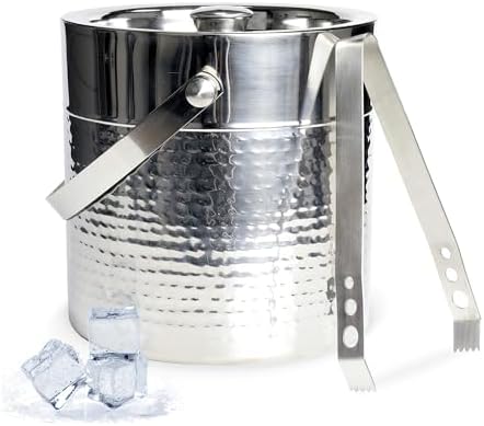 Chef Craft Hammered Ice Bucket with Tongs, Elegant Rust-Resistant Stainless Steel Ice Bucket, 3-Quart Ice Bucket Ice Buckets for Parties, Large Ice Bucket for Indoor or Outdoor Use