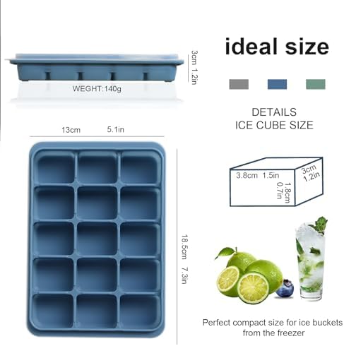 Silicone Ice Cube Trays with Removable Lid, Blue, Set of 3