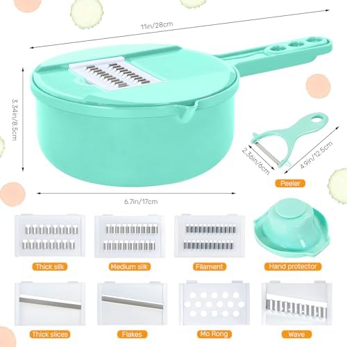 Multifunction mandoline slicer;vegetable chopper;vegetable slicer;food slicer;food chopper;chopper container;onion chopper;mandoline food slicer;vegetable cutter;chopping artifact (green, 9 in 1)