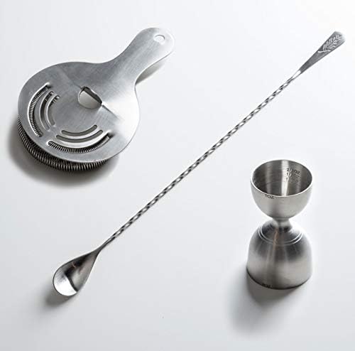 Amehla Cocktail Tools Set - 3-piece 304 Stainless Steel Essentials Bartender Kit includes 15" Long Bar Mixing Spoon, Cocktail Strainer and Marked Measurement Double Bell Jigger for Bartending