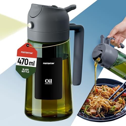 PORTENTUM Olive oil spray bottle for cooking 16oz/470ml 2 in 1 spray and pour function – Anti drip green glass bottle dispenser with light protection – Multilingual labels – Air fryer salads grilling