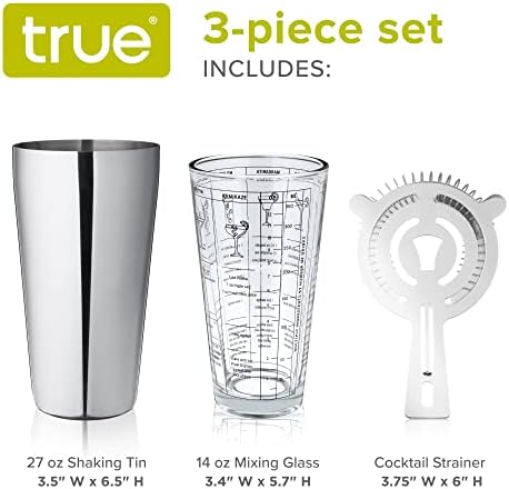 True 3-Piece Barware Set for Mixed Drinks and Cold Brew Cocktails, Includes Cocktail Shaker Tin, Cocktail Mixing Glass with 7 Printed Recipes, and Hawthorne Strainer, Home Bar Tools, Bartender Gifts