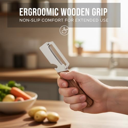 Premium Vegetable Peeler with Wooden Handle & Bottle Opener, Ultra-Sharp Stainless Steel Potato Peeler, Ergonomic Kitchen Peeler for Fruits Vegetables, Julienne Peeler (3)