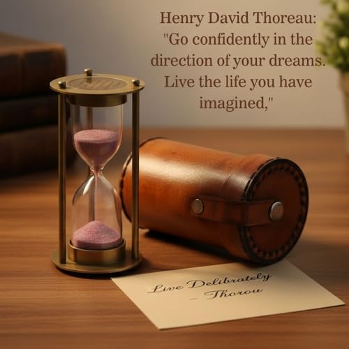Brass Hourglass with Inspirational Quote by Thoreau | Timeless Sand Timer with Premium Leather Case | Elegant Vintage Home Decor & Gift | Antique Look | Nautical Graduation Collectible