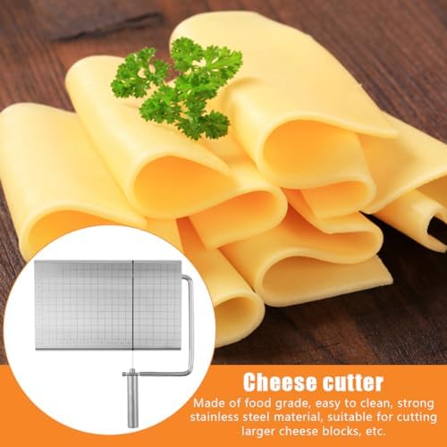 Stainless Steel Cheese Slicer Cutter with Wire - Adjustable Board & 6 Replacement Wires, Perfect for Cheese, Butter, Veggies & Sausage (Silver)