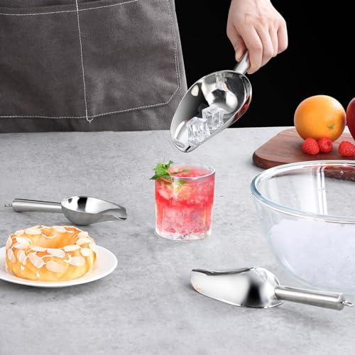 P&P CHEF Ice Scoop Set of 3, Stainless Steel Food Scoop,3+6+8 Oz & Silver