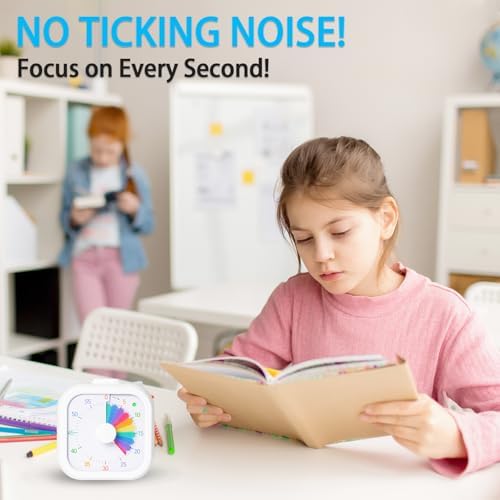 Visual Timer for Kids 60 Minute Countdown Timer Rainbow Square Desktop Timer for Classroom Study Office Kitchen with Silent Operation (White)