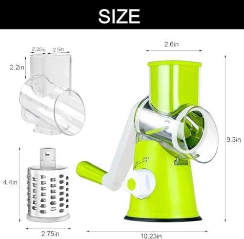 Cambom Rotary Cheese Grater Hand Crank Cheese Shredder for Fresh Cheese, Vegetable, Nuts,Non-slip Suction Base，Three Blades,Green