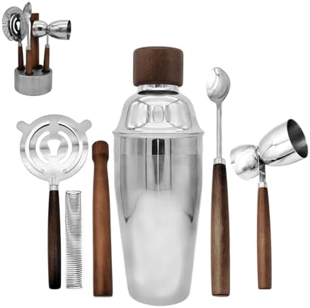 6 PCS Bar Tool Set Stainless Steel Cocktail Shaker Kit With Muddler, Double Jigger, Mixing Spoon, Strainer & Matte Round Stand Bartender Essentials Barware For Home Bar Party & Celebration