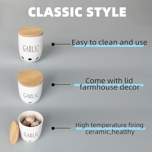 Ceramic Garlic Saver Container with Wood Lid (White)