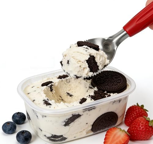 Heavy Duty Flat Ice Cream Scoop Spade with Serrated Edge for Rock Hard Frozen Treats, Stainless Steel with Good Grip Red Handle