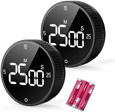 Digital Kitchen Timer, Large Display Magnetic Countdown Countup Timer, 3 Preset Times (5, 15, 25),Volume & Brightness Adjustable for Cooking Classroom Studying, Easy for Kids (Black,2Pcs)