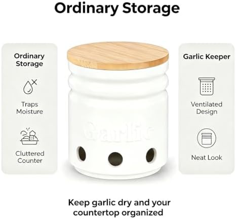 Garlic Keeper for Counter - Holder with Bamboo Lid, Container to Keep Your Garlic Cloves Fresh Longer,Large Ceramic Storage for Kitchen